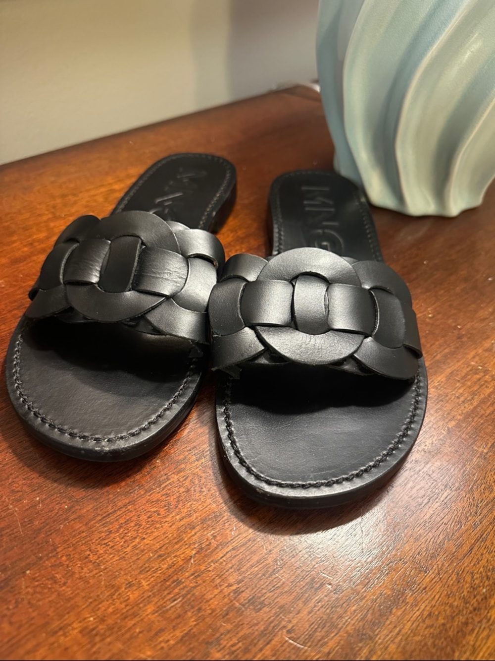 Mango Black Leather Braided Slide Sandals